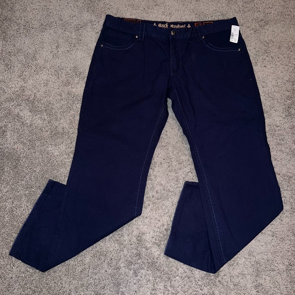 Mens Rock Revival John Straight Blue Flap Pants Denim Jeans 42x32 NWT New